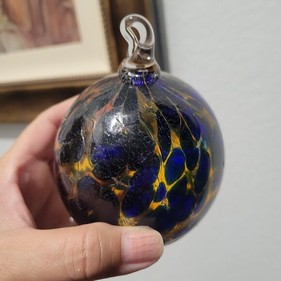 Hand Blown Art Glass Witch Ball Orb Ornament Suncatcher Blue Yellow 3" 2010 sign - Picture 3 of 8